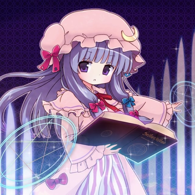 1girl, book, crescent, hat, long_hair, long_sleeves, patchouli_knowledge, purple_hair