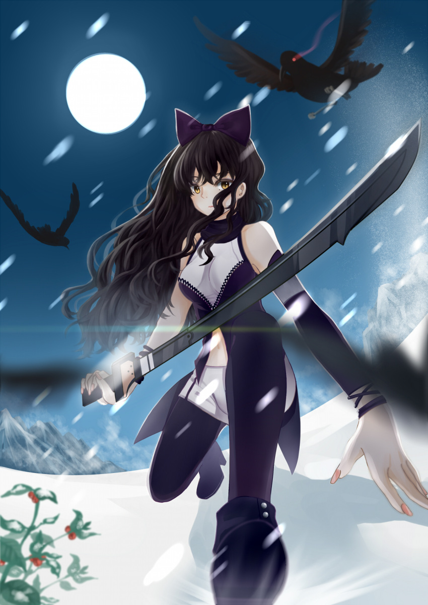 1girl, bird, black_hair, black_legwear, blake_belladonna, bow, crow, full_moon