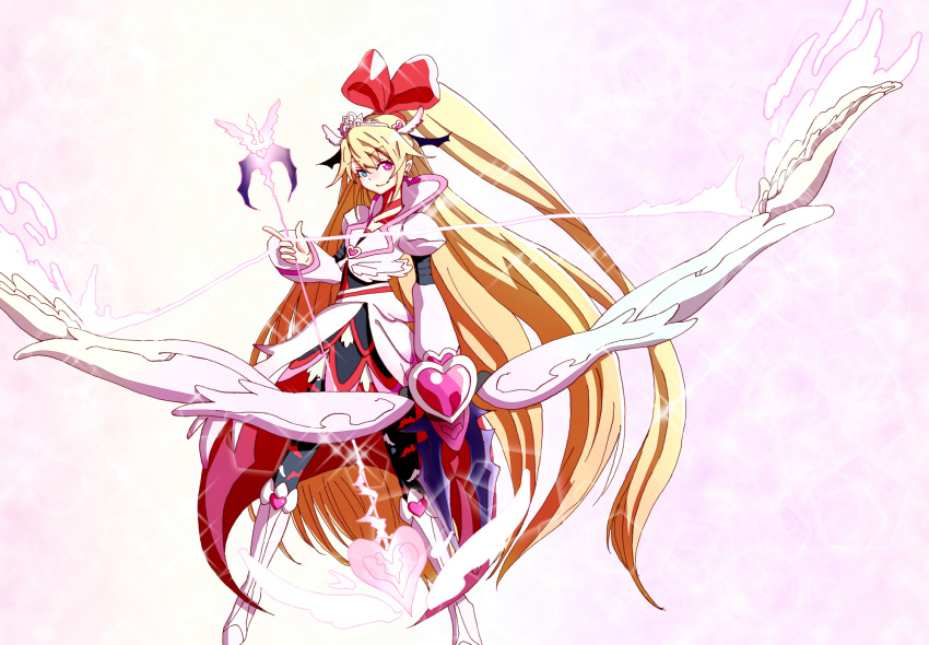1girl, adapted_costume, aida_mana, armor, armored_dress, arrow, bat_print, bat_wings, black_legwear, blonde_hair, blue_eyes, boots, bow_(weapon), cure_heart, dokidoki!_precure, fusion, half_updo, heart, heterochromia, highres, ishigaki_takahiro, long_hair, pantyhose, pink_eyes, polearm, ponytail, precure, red_ribbon, regina_(dokidoki!_precure), ribbon, smile, solo, spear, weapon, wings