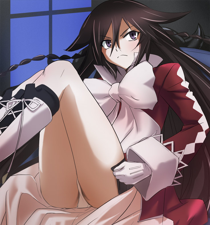 1girl, alice_(pandora_hearts), black_hair, boots, braid, cross-laced_footwear, gloves, haruyama