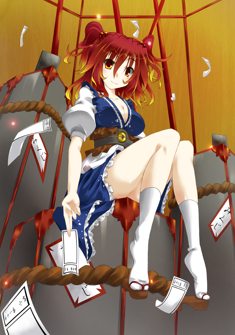 box, breasts, cleavage, fuyuno_taka, hair_bobbles, hair_ornament, legs, onozuka_komachi