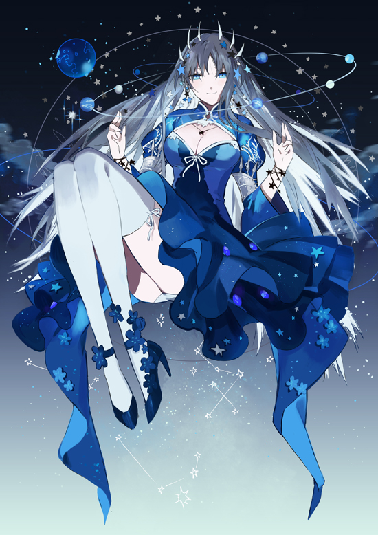 1girl, blue_dress, blue_eyes, bracelet, cleavage_cutout, clouds, constellation, dress