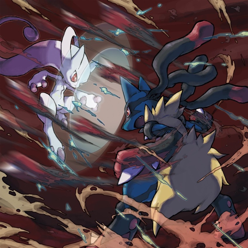 alternate_hairstyle, fangs, highres, looking_at_another, lucario, mega_lucario, mega_mewtwo_y, mega_pokemon