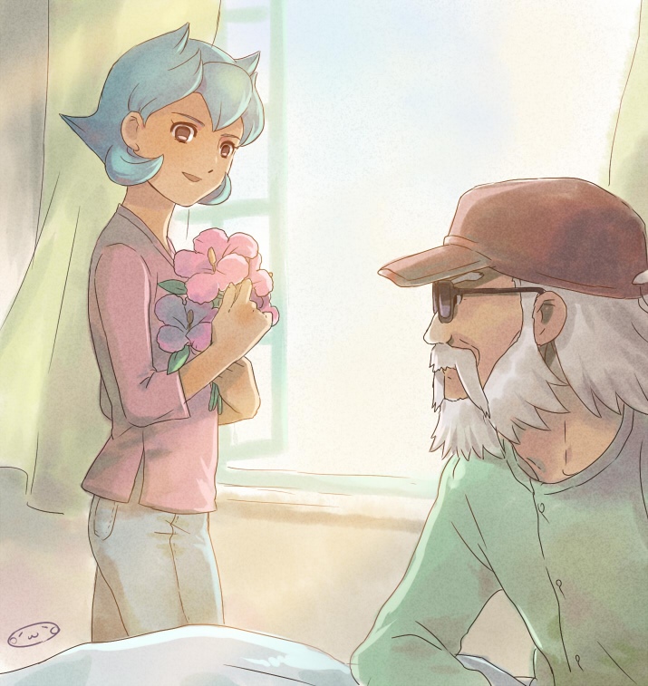 2boys, beard, endou_daisuke, facial_hair, flower, green_hair, hat, inazuma_eleven