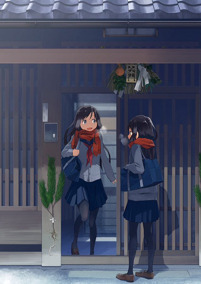 2girls, bag, black_hair, black_legwear, blue_eyes, breath, cardigan, door