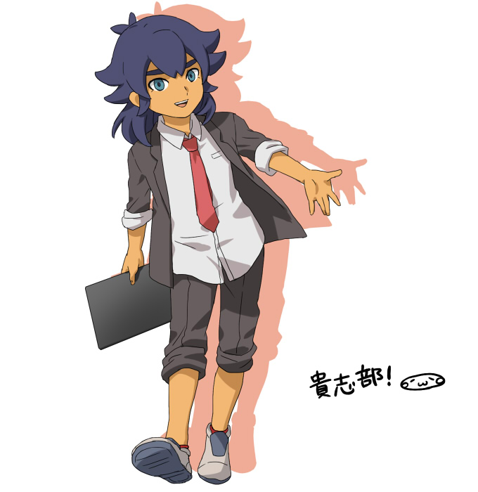 1boy, afuro_terumi, afuro_terumi_(cosplay), blue_eyes, formal, inazuma_eleven_(series), inazuma_eleven_go, kishibe_taiga, long_hair, male, mizuhara_aki, necktie, open_mouth, purple_hair, simple_background, solo, suit, white_background