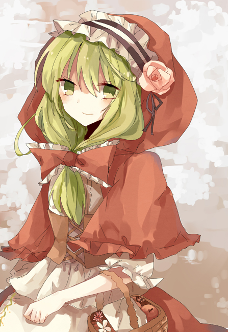 1girl, adapted_costume, apple_da-ze, basket, dress, flower, front_ponytail, green_eyes, green_hair, hair_ribbon, kagiyama_hina, little_red_riding_hood, little_red_riding_hood_(cosplay), ribbon, smile, solo, touhou