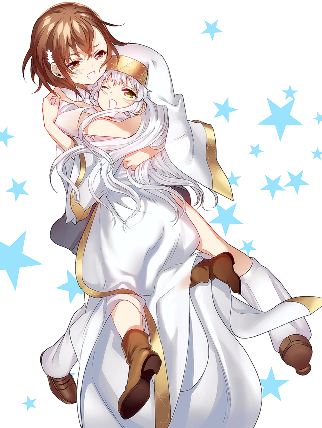 2girls, blue_hair, brown_eyes, brown_hair, green_eyes, habit, hair_ornament, hairpin, hug, index, long_hair, misaka_mikoto, multiple_girls, nun, to_aru_majutsu_no_index, yucca_(sui_linx)