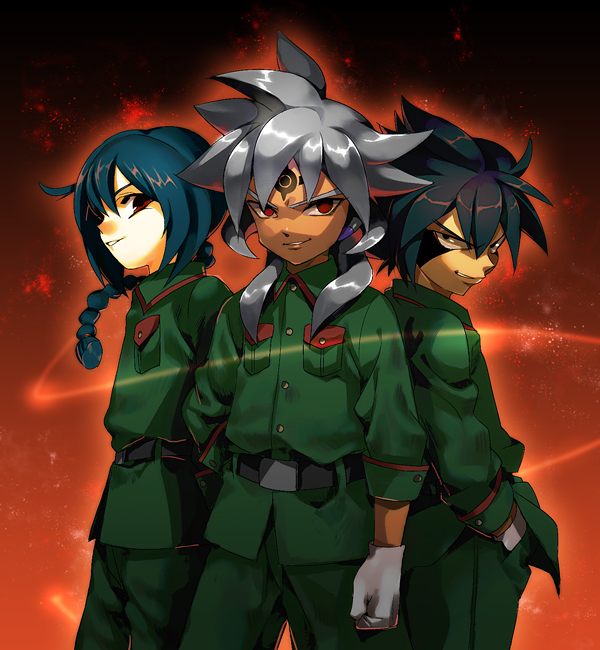 3boys, androgynous, baddap_sleed, black_hair, blue_hair, braid, eska_bamel, inazuma_eleven