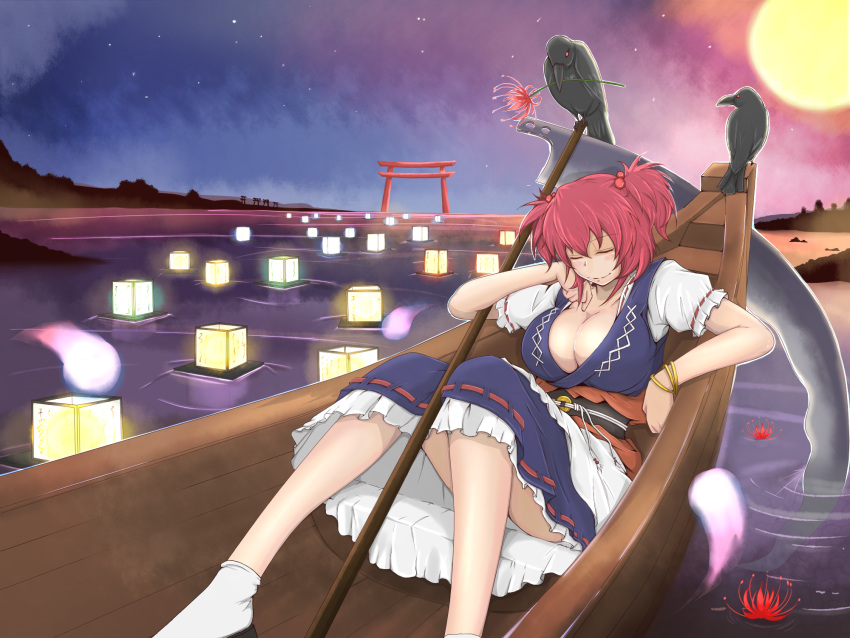 1girl, bird, boat, breasts, cleavage, cube85, hair_bobbles, hair_ornament, highres, lantern, obon, onozuka_komachi, raven_(animal), redhead, river, scythe, short_hair, sitting, smile, solo, star_(sky), torii, touhou, twilight, twintails