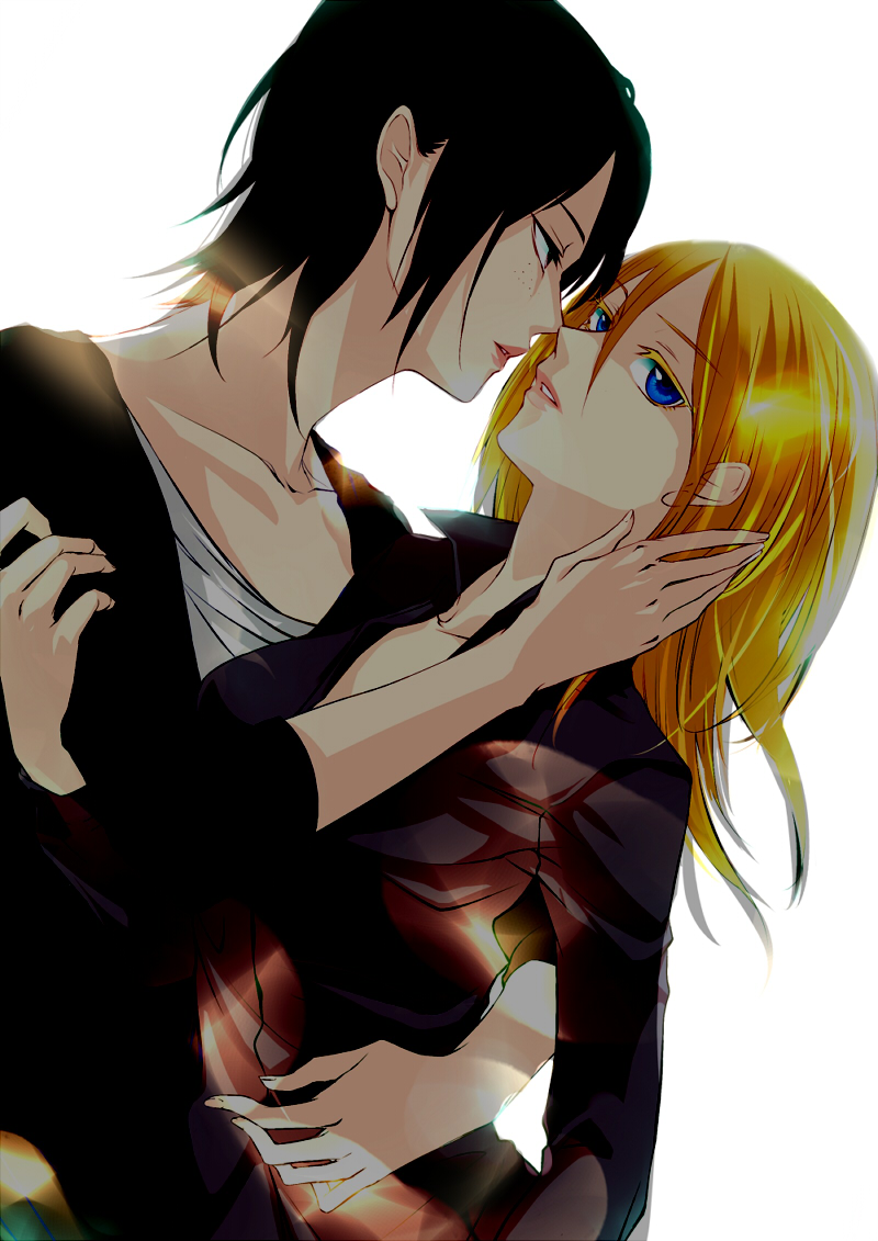 2girls, christa_renz, hagitayuu, hair_down, holding, incipient_kiss, multiple_girls, shingeki_no_kyojin, white_background, ymir_(shingeki_no_kyojin), yuri