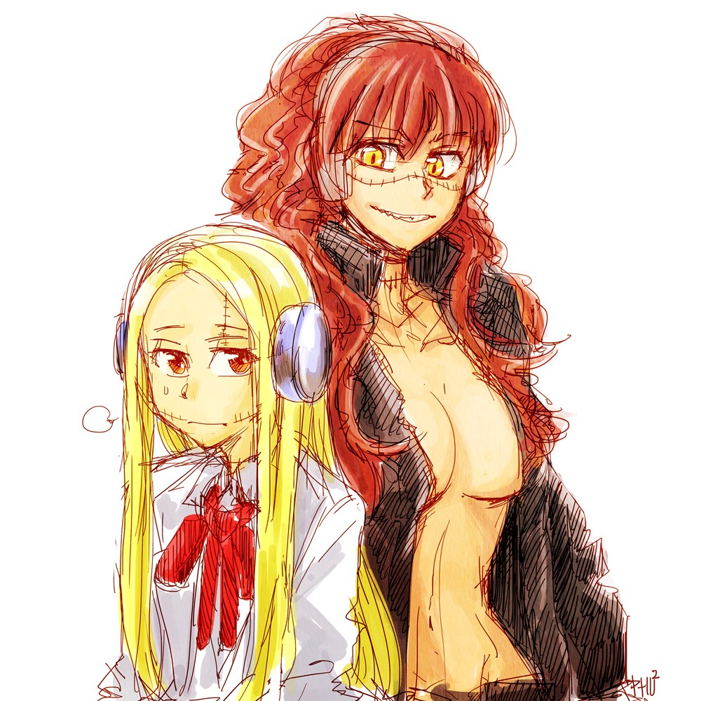 2girls, blonde_hair, bolt, breasts, franken_fran, grin, headphones, height_difference, madaraki_fran, madaraki_gavrill, multiple_girls, navel, open_clothes, open_jacket, phuphu, red_eyes, redhead, siblings, sisters, smile, stitches, yellow_eyes