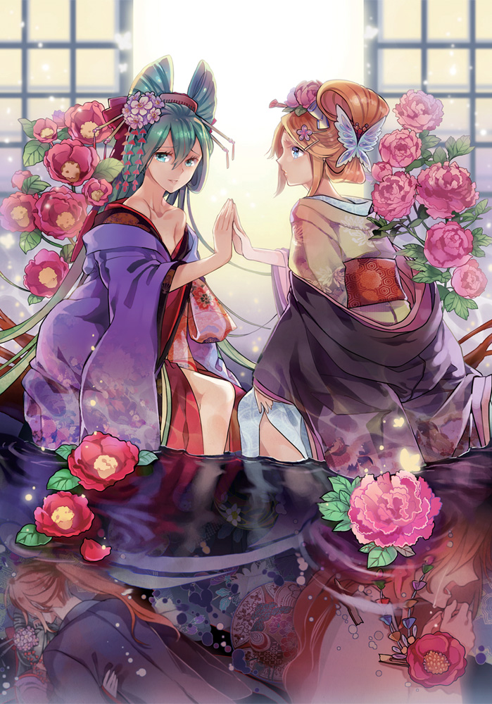 2girls, blonde_hair, blue_eyes, feet_in_water, flower, green_eyes, green_hair, hair_flower