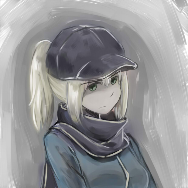 1girl, baseball_cap, blonde_hair, fate/stay_night, fate_(series), frown, green_eyes, hat, heroine_x, ponytail, rojiura_satsuki:_capter_heroine_sanctuary, saber, scarf, solo, track_jacket, tthal