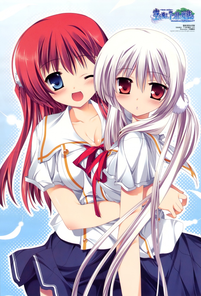 albino, blue_eyes, blush, breasts, cleavage, feathers, hug, karin_(sora_wo_tobu), kumonomi_misora, long_hair, multiple_girls, oba_kagerou, ooba_kagerou, red_eyes, red_hair, redhead, school_uniform, skirt, sora_wo_tobu_mittsu_no_houhou, sora_wo_tobu_nanatsume_no_mahou, twintails, very_long_hair, white_hair, wink