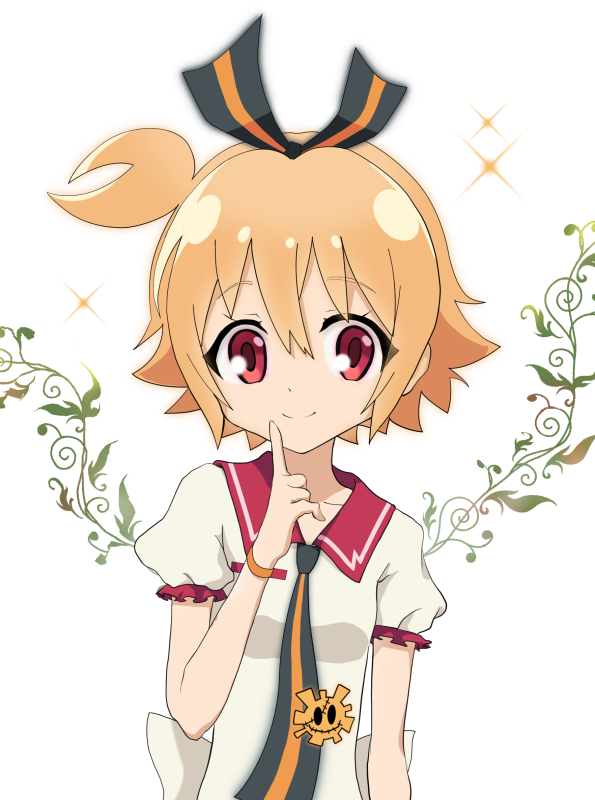 1girl, coral9v, finger_to_face, gen'ei_wo_kakeru_taiyo, hair_ribbon, looking_at_viewer, orange_hair, red_eyes