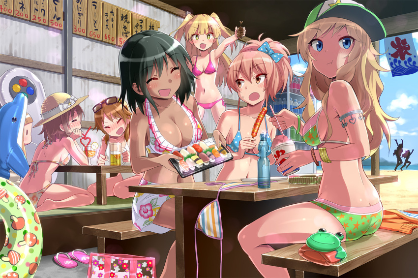6+girls, animal_costume, araki_hina, armlet, bare_shoulders, barefoot, baseball_cap, beach