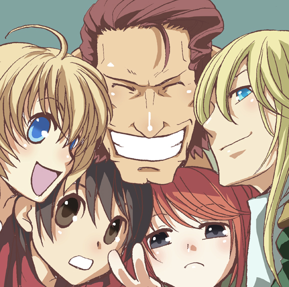 2girls, 3boys, :<, ahoge, blonde_hair, blue_eyes, brown_eyes, brown_hair
