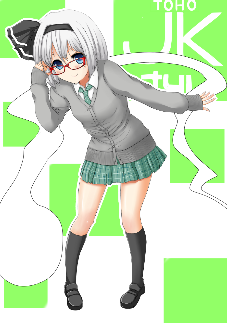 1girl, blue_eyes, contemporary, glasses, hair_ribbon, highres, konpaku_youmu, konpaku_youmu_(ghost)