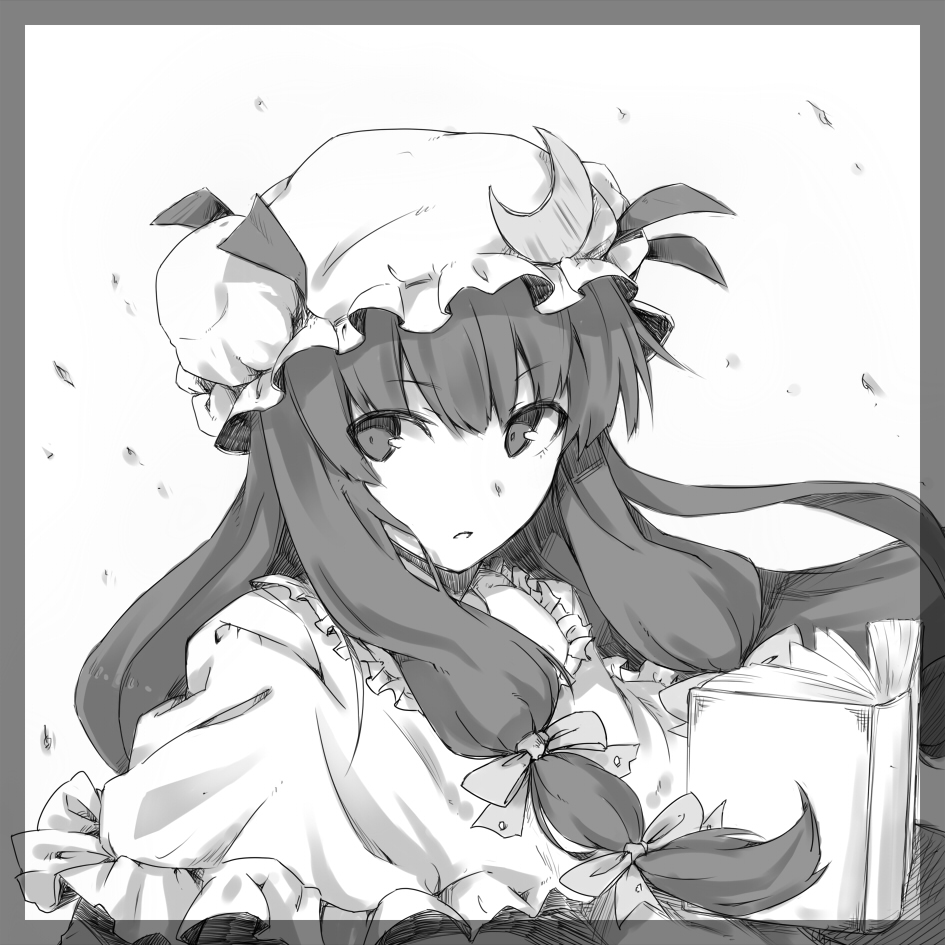 book, crescent, hat, long_hair, monochrome, patchouli_knowledge, satsumi, simple_background
