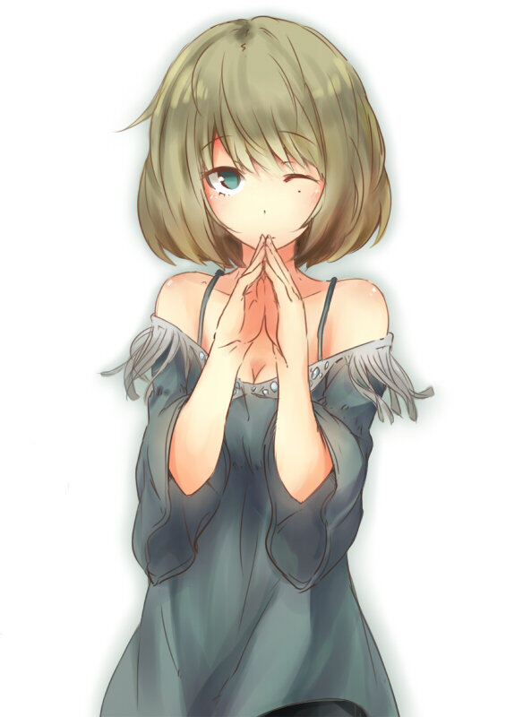 1girl, breasts, hands_together, looking_at_viewer, satsumi, short_hair, simple_background, smile, white_background