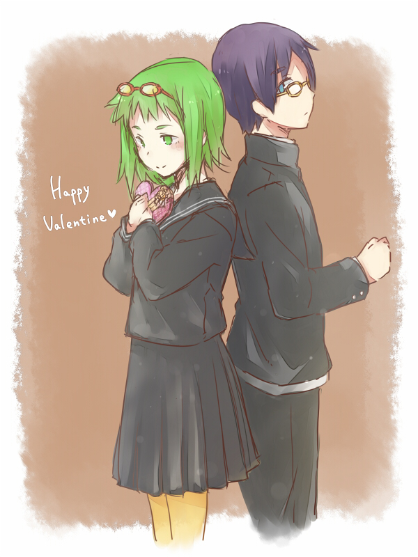 1girl, back-to-back, blush, green_eyes, green_hair, gumi, heart, satsumi