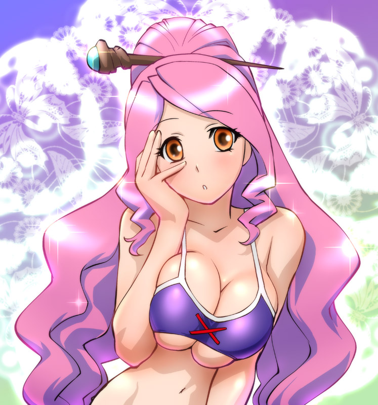 :o, bangs, battle_spirits, battle_spirits:_shounen_gekiha_dan, bikini_top, blush, breast_squeeze, breasts, brown_eyes, bust, butterfly, cleavage, gem, hair_ornament, hand_on_own_face, long_hair, magisa, navel, open_mouth, orange_eyes, parted_bangs, pink_hair, ponytail, purple_hair, scepter, solo, sparkle, twintails, ueyama_michirou, underboob, very_long_hair, wavy_hair