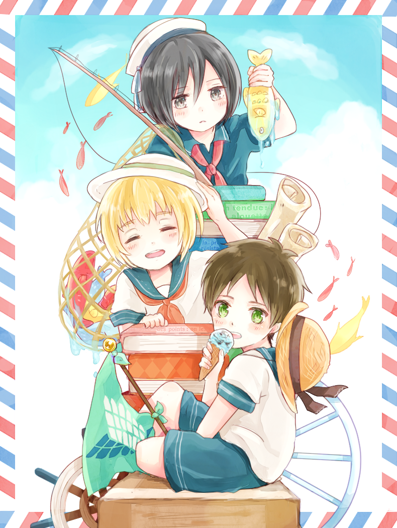 1girl, 2boys, armin_arlert, as8521, book, child, closed_eyes, eren_jaeger