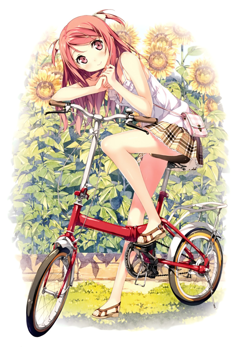 1girl, absurdres, bag, bare_shoulders, bicycle, blush, flower, folding_bicycle, hair_ribbon, handbag, highres, kantoku, kurumi_(kantoku), long_hair, original, plaid, plaid_skirt, pleated_skirt, red_eyes, redhead, ribbon, sandals, skirt, sleeveless, sleeveless_shirt, smile, solo, sunflower, twintails