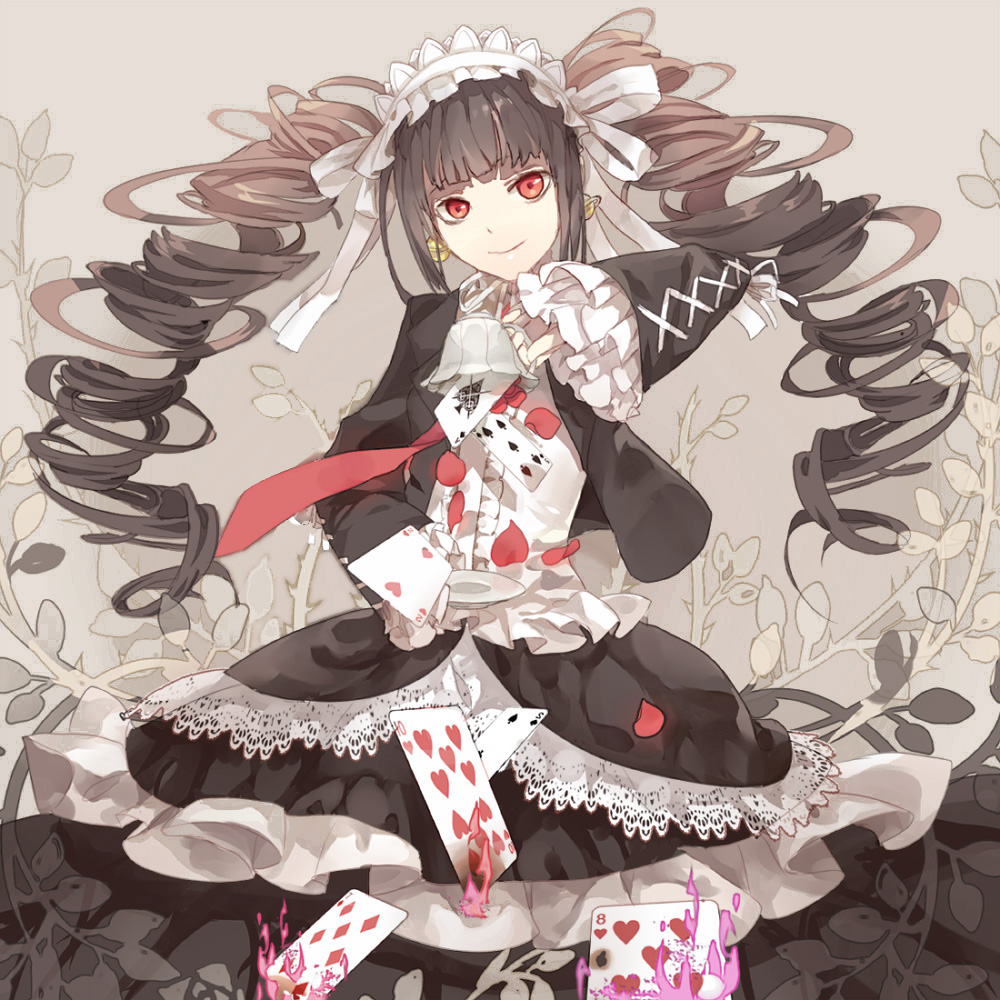 1girl, black_hair, bonnet, card, celestia_rudenberk, cup, dangan_ronpa, drill_hair