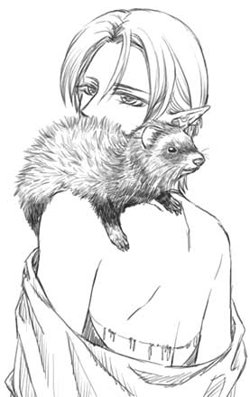 back, bare_shoulders, broken-land, elf, ferret, gensou_suikoden, gensou_suikoden_iv, konami, lowres, monochrome, otter, paula_(suikoden), pointy_ears, short_hair, suikoden, suikoden_iv, undressing