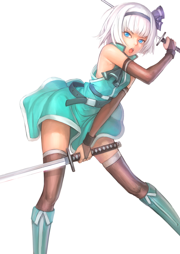 1girl, ascot, belt, black_legwear, blue_eyes, boots, bridal_gauntlets, dress, dual_wielding, hair_ribbon, katana, knee_boots, konpaku_youmu, open_mouth, ribbon, short_hair, solo, sturmjager, sword, thighhighs, touhou, weapon, white_background, white_hair
