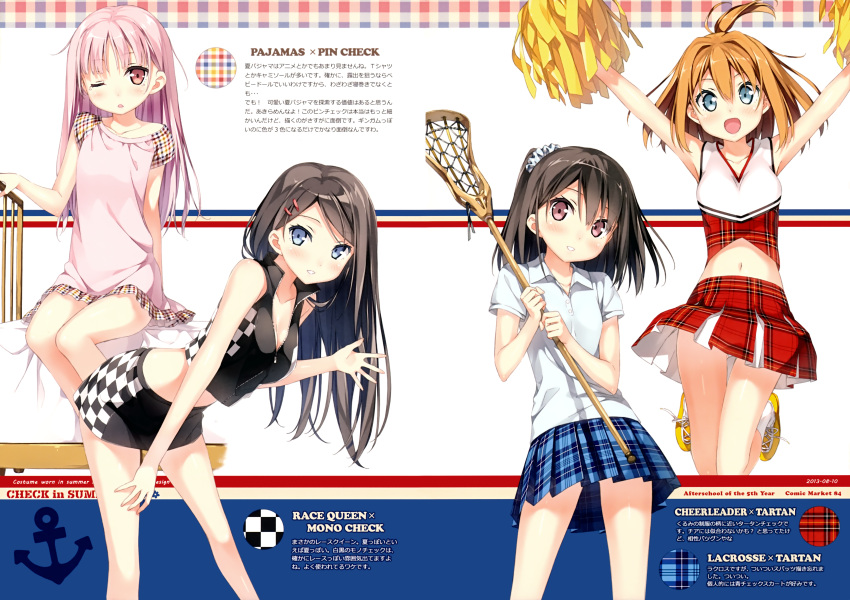 4girls, :d, absurdres, black_hair, blue_eyes, breasts, brown_hair, cheerleader, cleavage, hand_on_thigh, highres, huge_filesize, jumping, kantoku, lacrosse_stick, leaning_forward, long_hair, midriff, miyaguchi_hiromi, miyaguchi_kanna, miyaguchi_kei, multiple_girls, navel, one_side_up, open_mouth, original, outstretched_arms, pajamas, pink_eyes, pink_hair, plaid, plaid_skirt, pom_poms, racequeen, shizuku_(kantoku), shoes, sitting, skirt, smile, sneakers, socks, spread_arms, tears, violet_eyes, white_legwear