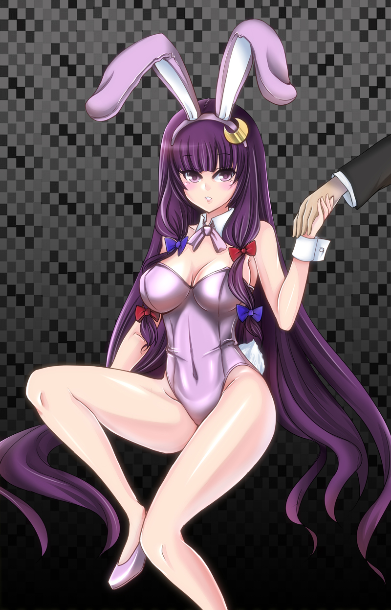 1girl, animal_ears, bowtie, breasts, bunny_tail, bunnysuit, cleavage, crescent