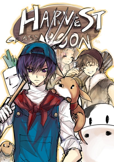 2boys, animal, backwards_hat, blind, brown_hair, cap, cliff_(harvest_moon), cliff_(harvest_moon)_(cosplay), closed_eyes, code_geass, cow, crossover, dog, farm, farmer, harvest_moon, hat, kururugi_suzaku, lelouch_lamperouge, long_hair, male, multiple_boys, nunnally_lamperouge, overalls, parody, pete_(harvest_moon), pete_(harvest_moon)_(cosplay), pitchfork, purple_eyes, purple_hair, short_hair, short_sleeves, smile, sweatdrop, turnip, violet_eyes, wood