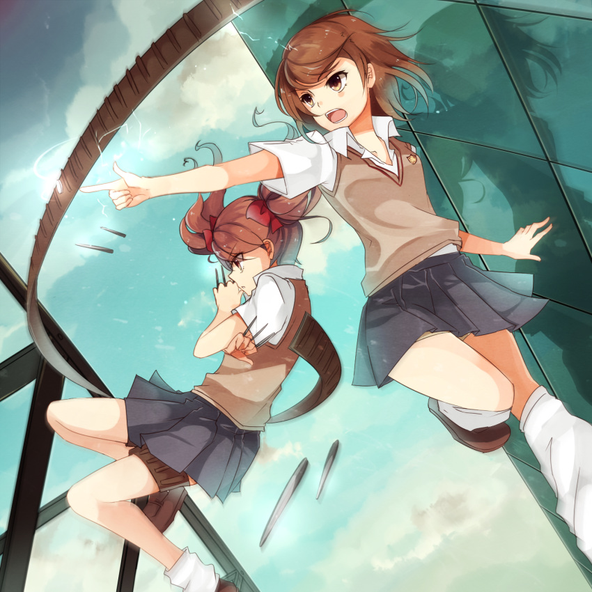 2girls, brown_eyes, brown_hair, highres, long_hair, misaka_mikoto, multiple_girls, namiey