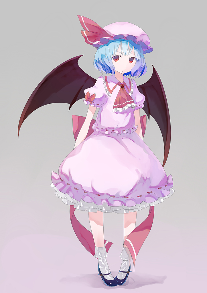 1girl, bat_wings, blue_hair, brooch, dress, grey_background, hat, hat_ribbon
