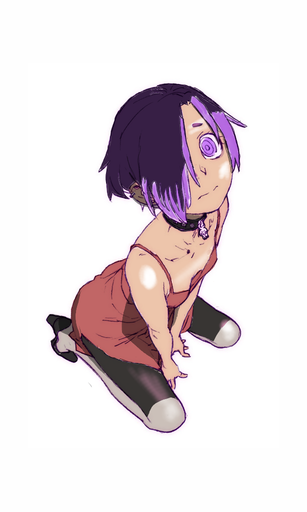 1girl, arm_support, bike_shorts, choker, collar, colored, down_blouse, dutch_angle, ear_stud, from_above, hair_highlights, hair_over_one_eye, hijiri_rei, idolmaster, idolmaster_cinderella_girls, kneeling, looking_at_viewer, looking_up, purple_eyes, purple_hair, shiny, shirasaka_koume, short_hair, skirt, solo, stalkings, two_toned_hair, violet_eyes