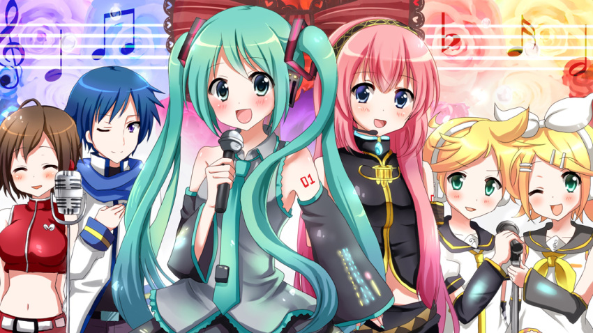 2boys, 4girls, aoba_mina, belt, blonde_hair, blue_eyes, blue_hair, blush