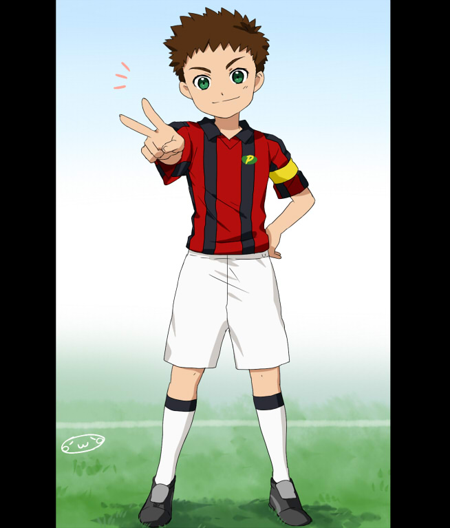 1boy, armband, brown_hair, ginga_e_kickoff!!, green_eyes, male, mizuhara_aki, oota_shou