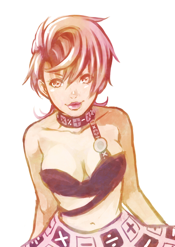 1girl, chonorin, jojo_no_kimyou_na_bouken, midriff, pink_hair, red_eyes, short_hair, solo