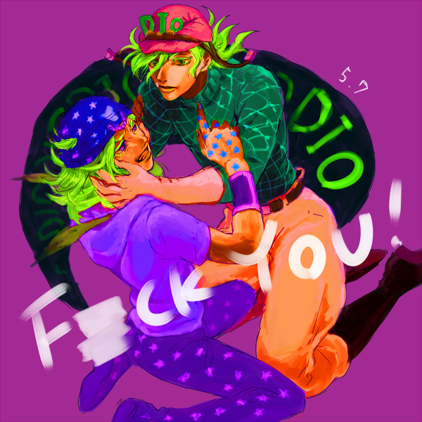 2boys, blonde_hair, blue_eyes, diego_brando, green_eyes, hat, johnny_joestar, jojo_no_kimyou_na_bouken
