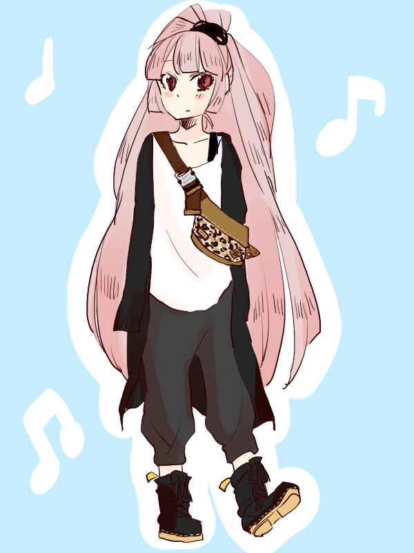 1girl, alternate_costume, alternate_hairstyle, bag, baggy_clothes, baggy_shirt, boots, casual, contemporary, fujiwara_no_mokou, komaku_juushoku, long_hair, pants, red_eyes, solo, touhou