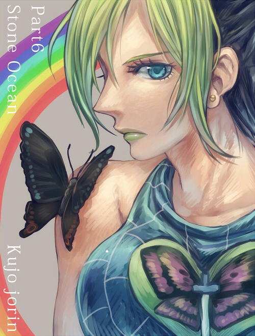 1girl, black_hair, blue_eyes, butterfly, double_bun, earrings, green_hair, jewelry