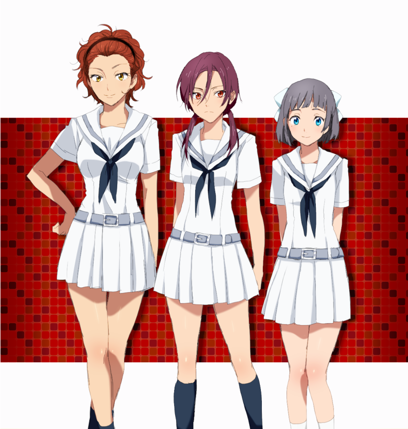 3girls, belt, blue_eyes, bow, free!, genderswap, grey_hair, hair_bow