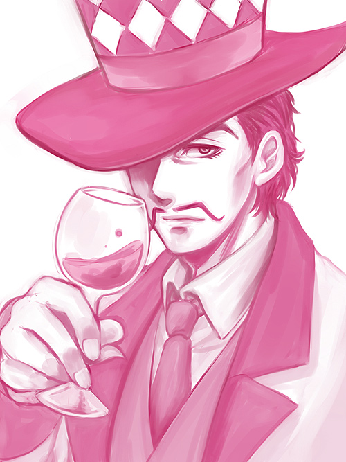 1boy, alcohol, cup, facial_hair, hat, jojo_no_kimyou_na_bouken, miyabi_(run), monochrome