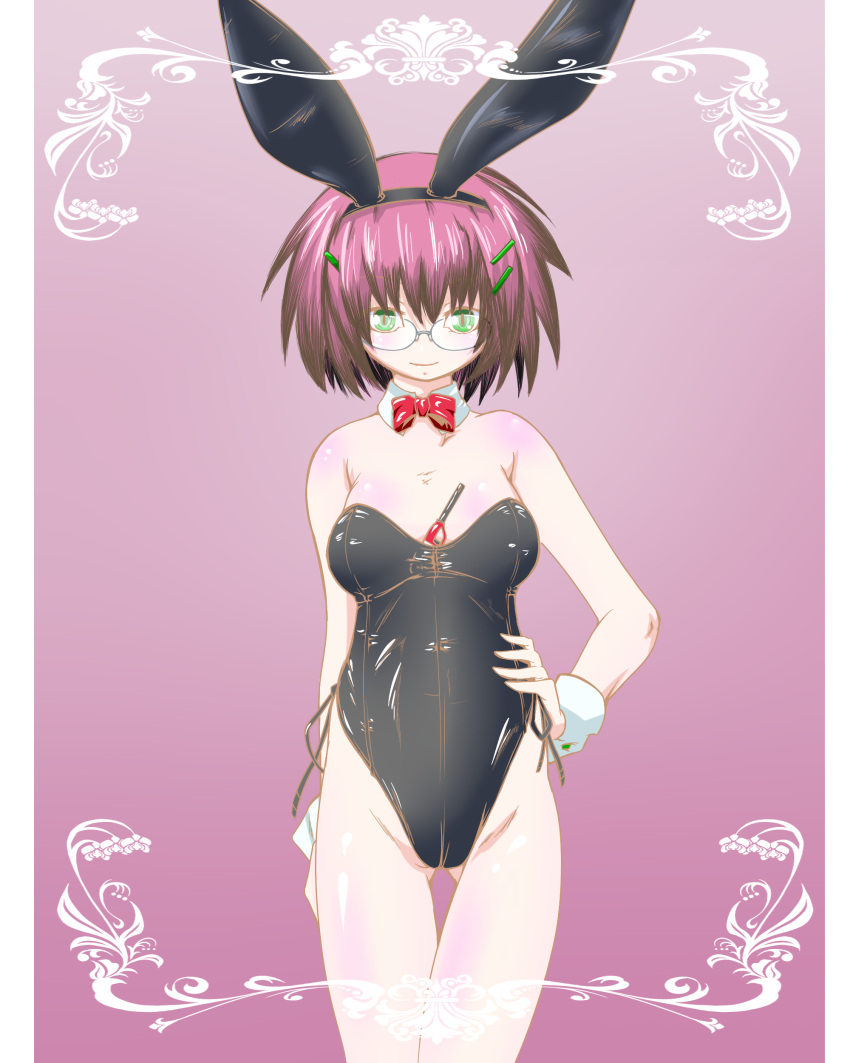 1girl, absurdres, animal_ears, bowtie, bunnysuit, detached_collar, glasses, green_eyes