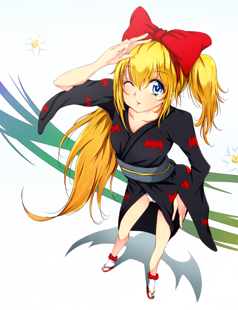 1girl, bat_print, blonde_hair, blue_eyes, bow, collarbone, dokidoki!_precure, hair_bow