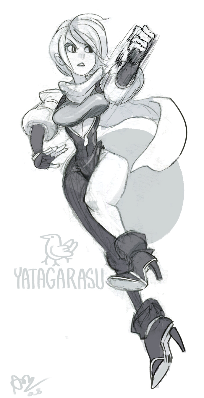 1girl, alex_ahad, asymmetrical_legwear, bodysuit, fingerless_gloves, gloves, hattori_hanzo_uruka, high_heels