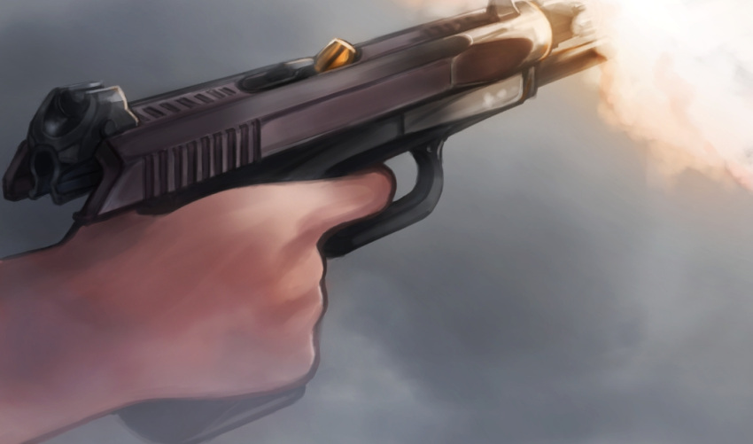 arceonn, close-up, firing, gsh-18, gun, katja_(arceonn), muzzle_flash, original, pistol, shell_casing, weapon